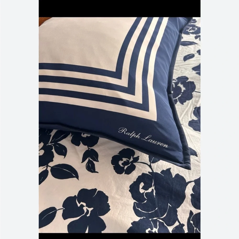 NWT Ralph Lauren 100% Silk Deerfield Pillow Cover White Navy Border 24x24‎ 2 Set